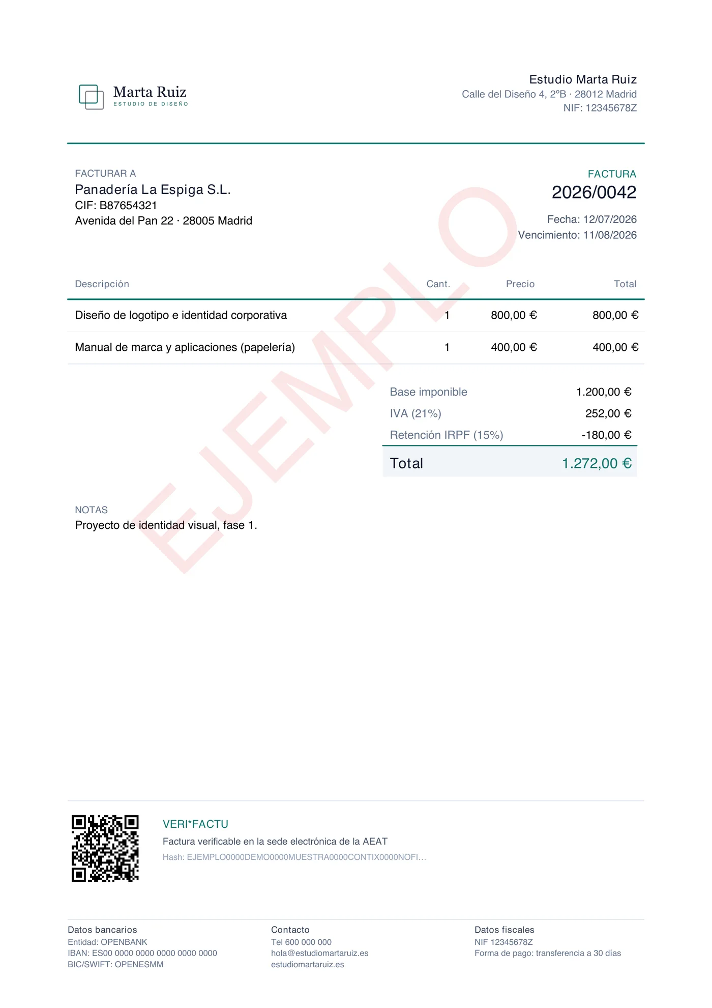 Ejemplo de factura de contix con IVA desglosado y sello Veri*factu con QR