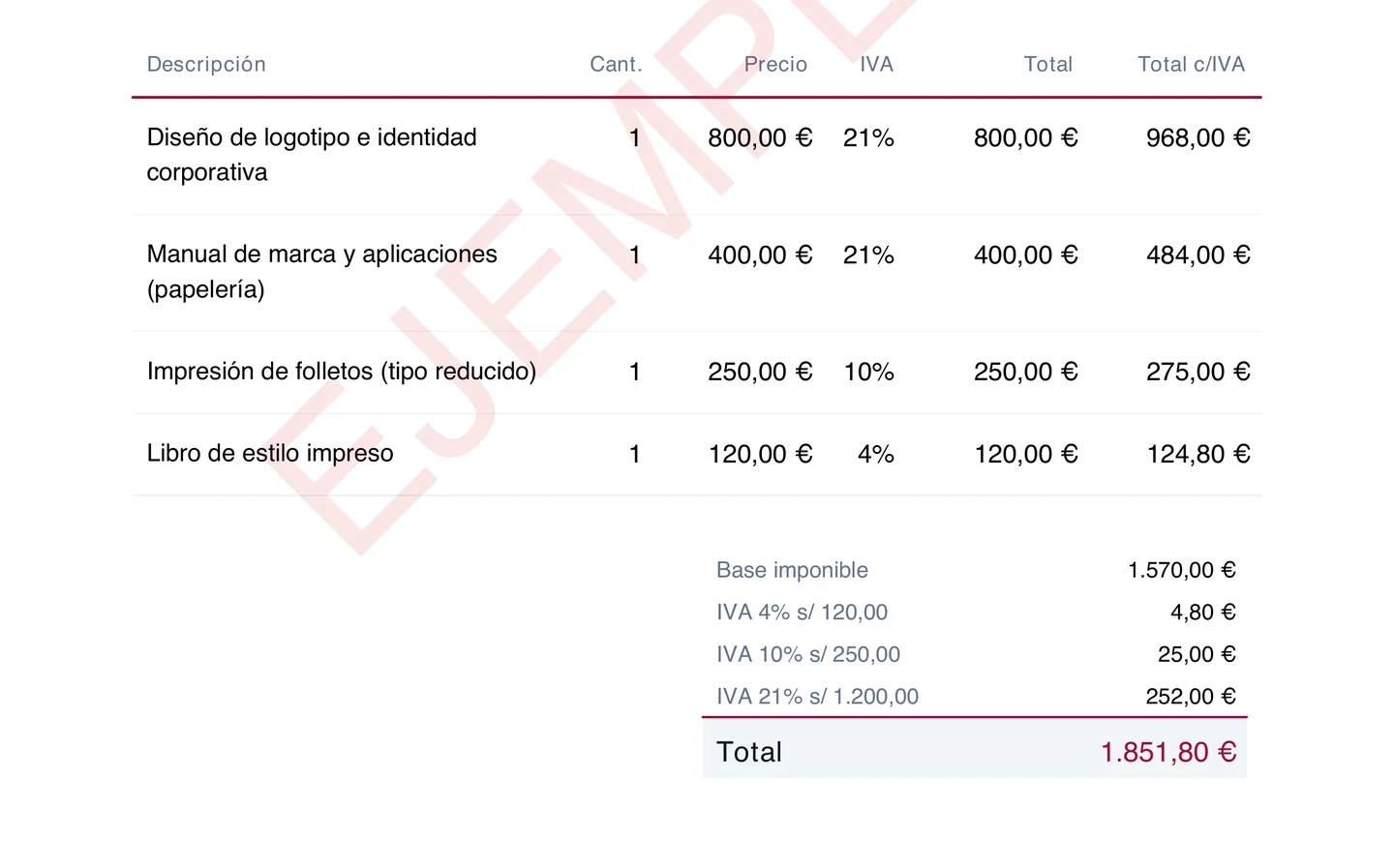 Factura con la plantilla Amplia en granate: filas espaciadas y columna Total con IVA en cada línea